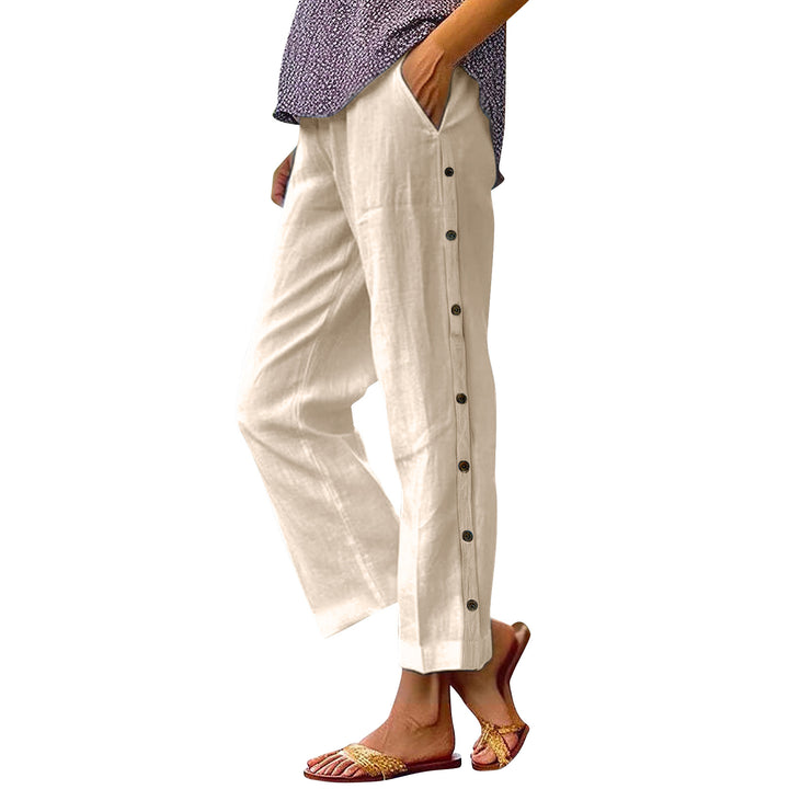 Damen Cropped Weitbeinige Knopf-Trim Leinen-Mischung Casual Hose Drune