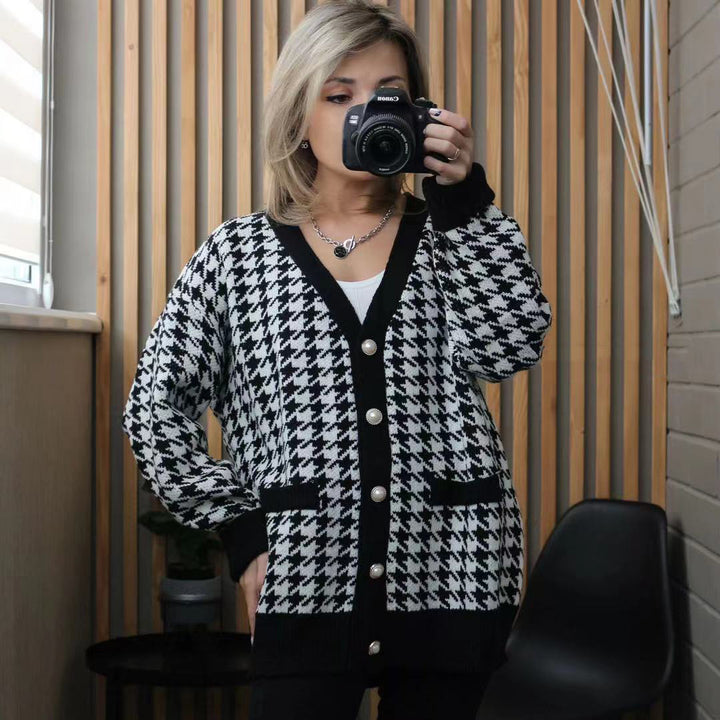 Damen modische Strickjacke mit klassischem Hahnentrittmuster und Knopfdetails Drune