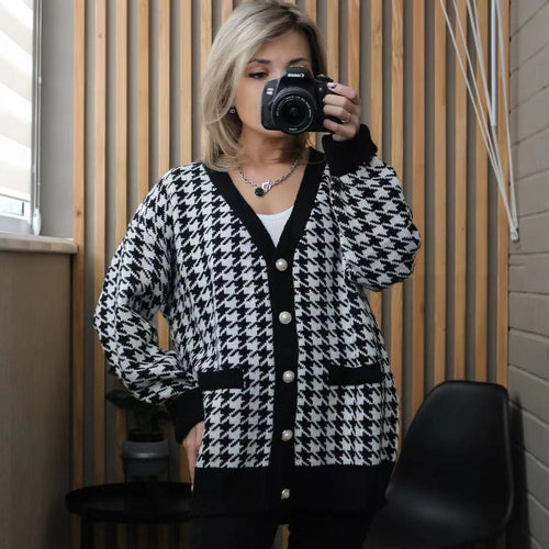 Damen modische Strickjacke mit klassischem Hahnentrittmuster und Knopfdetails Drune