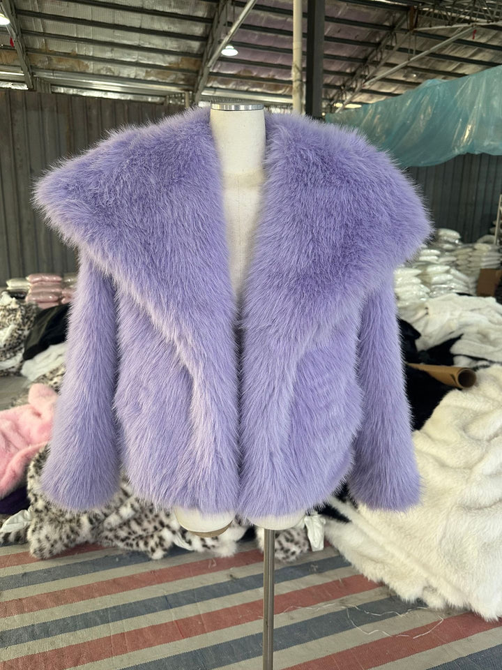 Damen Kurzbolero im Boxy-Cut aus veganem Shaggy-Kunstpelz mit XXL-Schalkragen Drune