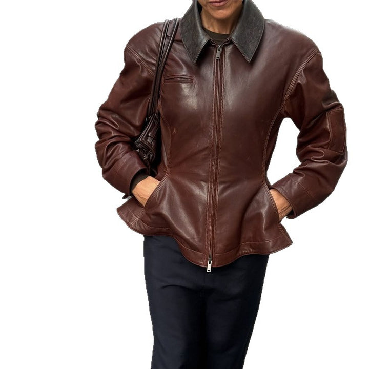 Damen Lederjacke mit tailliertem Schößchen, Reißverschluss & großem Hemdkragen Drune