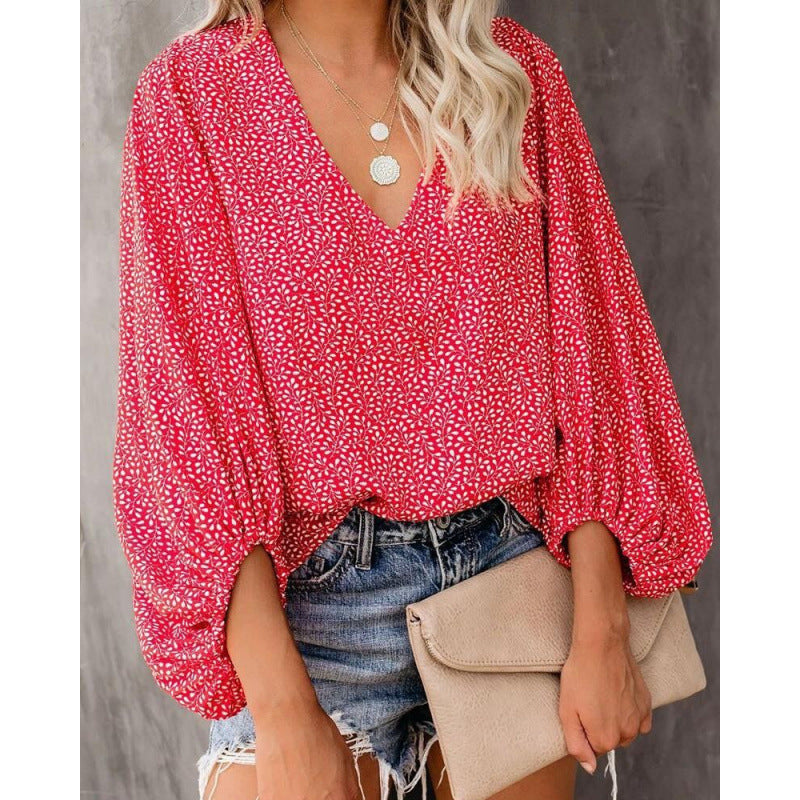 Damen Bluse mit weitem Puffärmel und eleganter V-Ausschnitt Drune