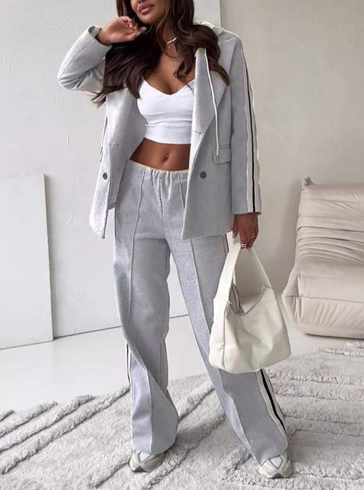 Damen nan sportlich-elegantes Blazer-Zweiteiler mit Kapuzenblazer und weiter Trainingshose mit seitlichem Streifen Drune