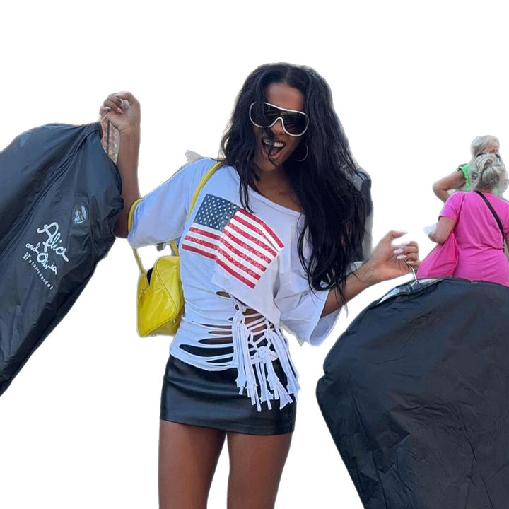 Damen lässiges Crop-Top mit amerikanischem Flaggenmotiv und modischem Fransen-Design Drune