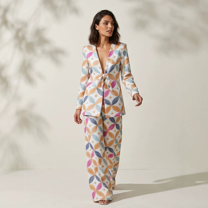 Damen Zweiteiliger Jacquard-Anzug mit Taillenschleife und weitem Bein Drune