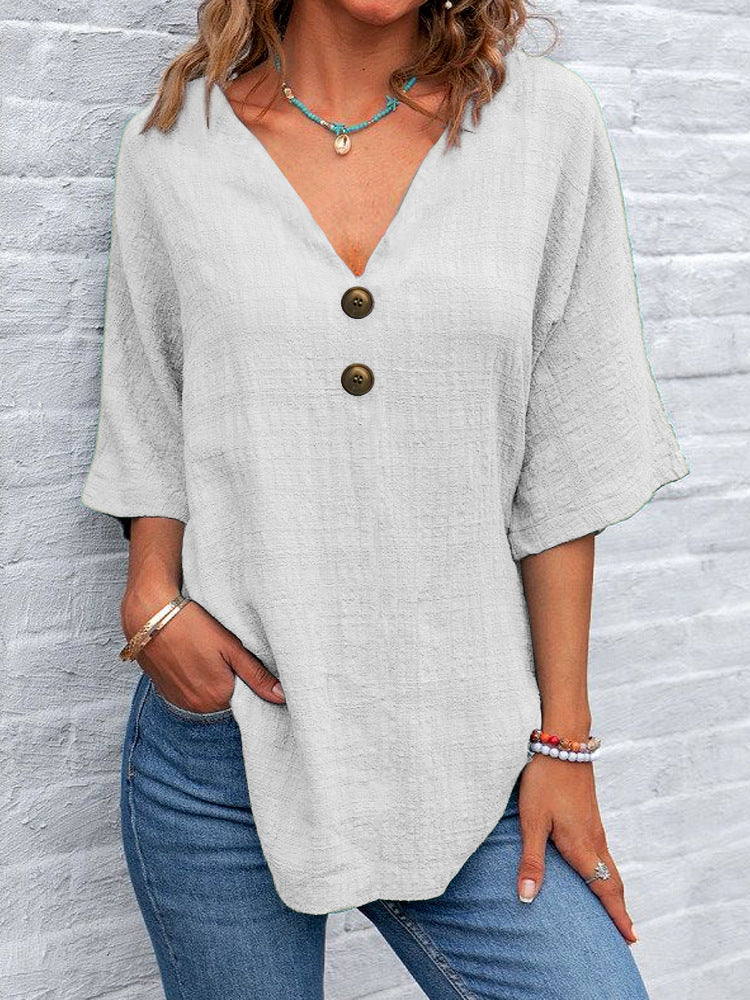 Damen V-Ausschnitt Bluse mit Knopfdetails Drune