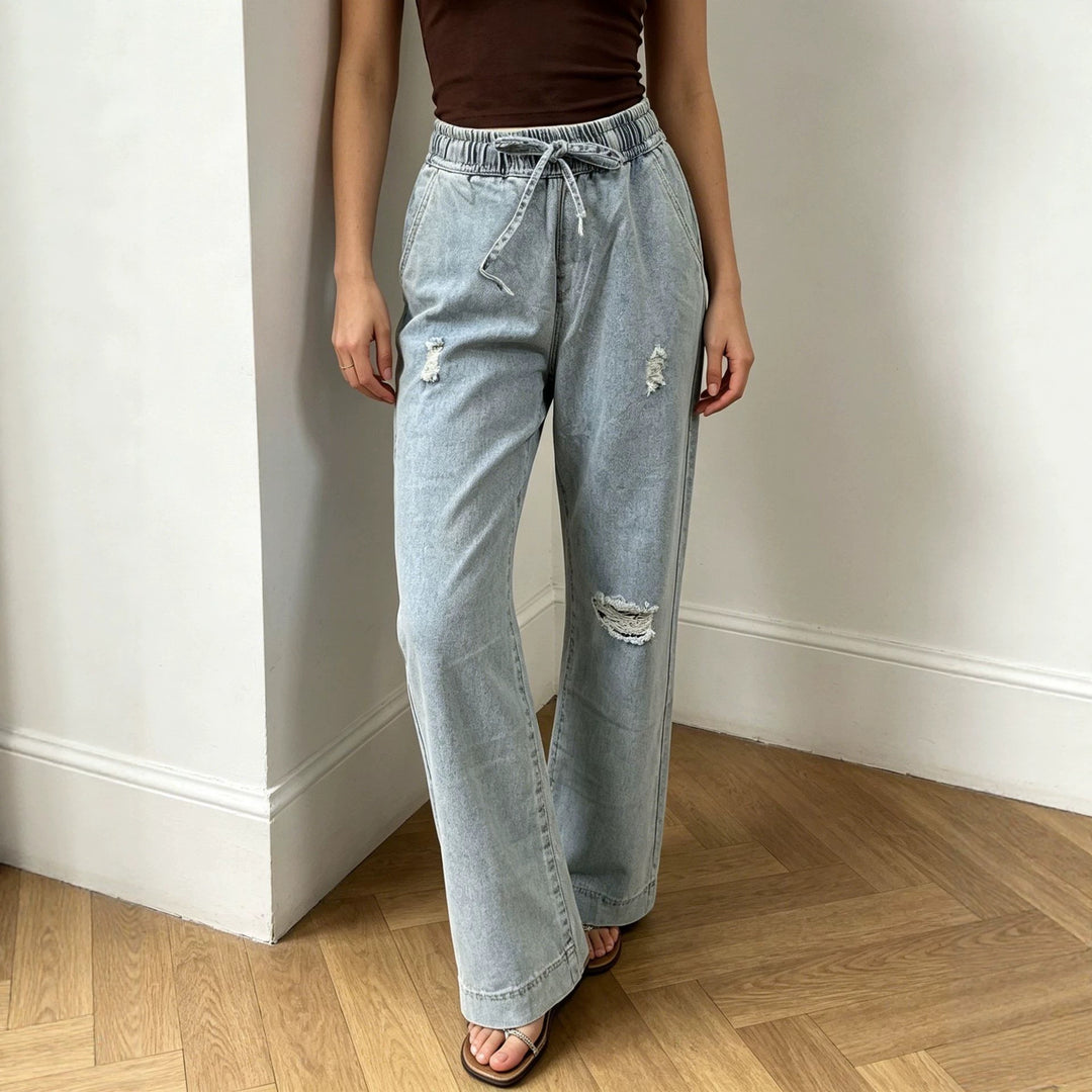Damen nan weite Denimhose mit elastischem Kordelbund, Used-Effekten und lockerer Passform Drune