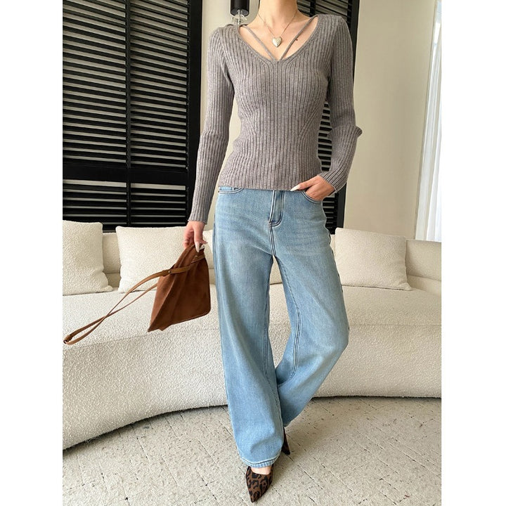Damen figurbetontes Rippstrickpullover mit V-Ausschnitt und langen Ärmeln Drune