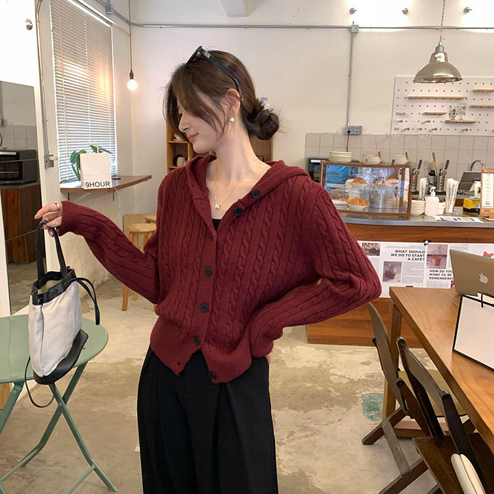 Damen Strickjacke mit Kapuze und Knopf-Detail Drune