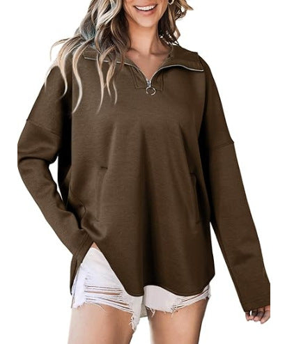 Damen lässiger Oversized Pullover mit halben Reißverschluss und Seitentaschen Drune