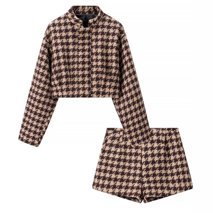 Damen Zweiteiliges Hahnentritt-Wollmix-Set mit tailliertem Kurzblazer und hochgeschnittener Short Drune