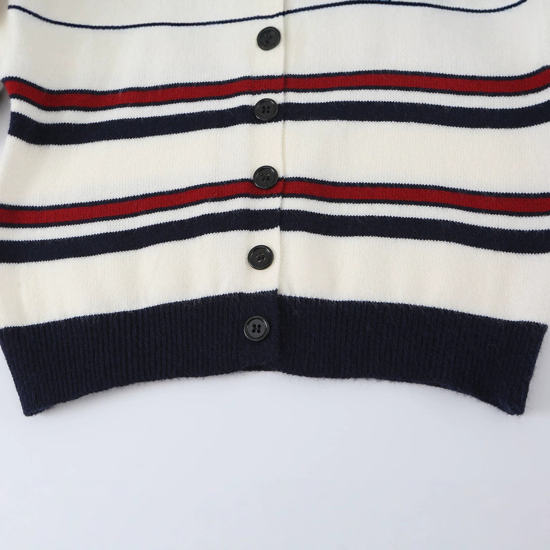 Damen nan gestreifte Strickjacke mit Knopfleiste, V-Ausschnitt und tailliertem Bund Drune