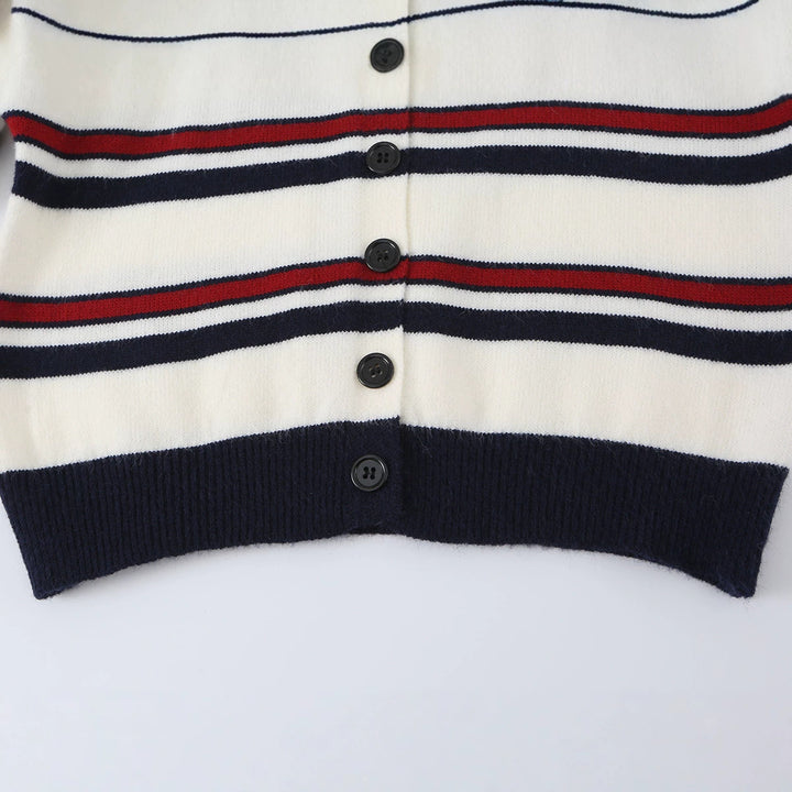 Damen nan gestreifte Strickjacke mit Knopfleiste, V-Ausschnitt und tailliertem Bund Drune