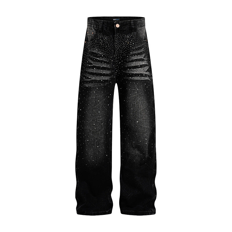 Damen weite High‑Waist Jeanshose mit Distressed‑Rissen und Strassbesatz Drune