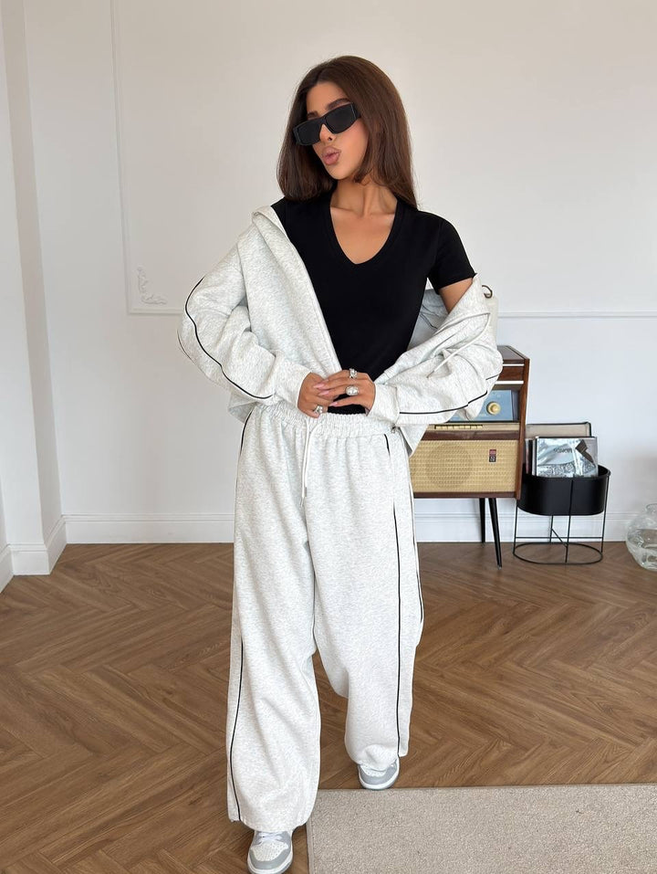 Damen Lässiges zweiteiliges Lounge-Set mit oversized Zipjacke und weitem Kordelzug-Hosenbund Drune