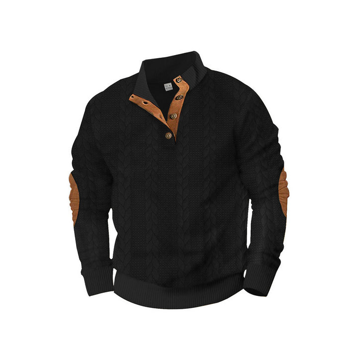 Herren Kabelstrick-Pullover mit Stehkragen, Knopfleiste & Ellbogenpatches Drune