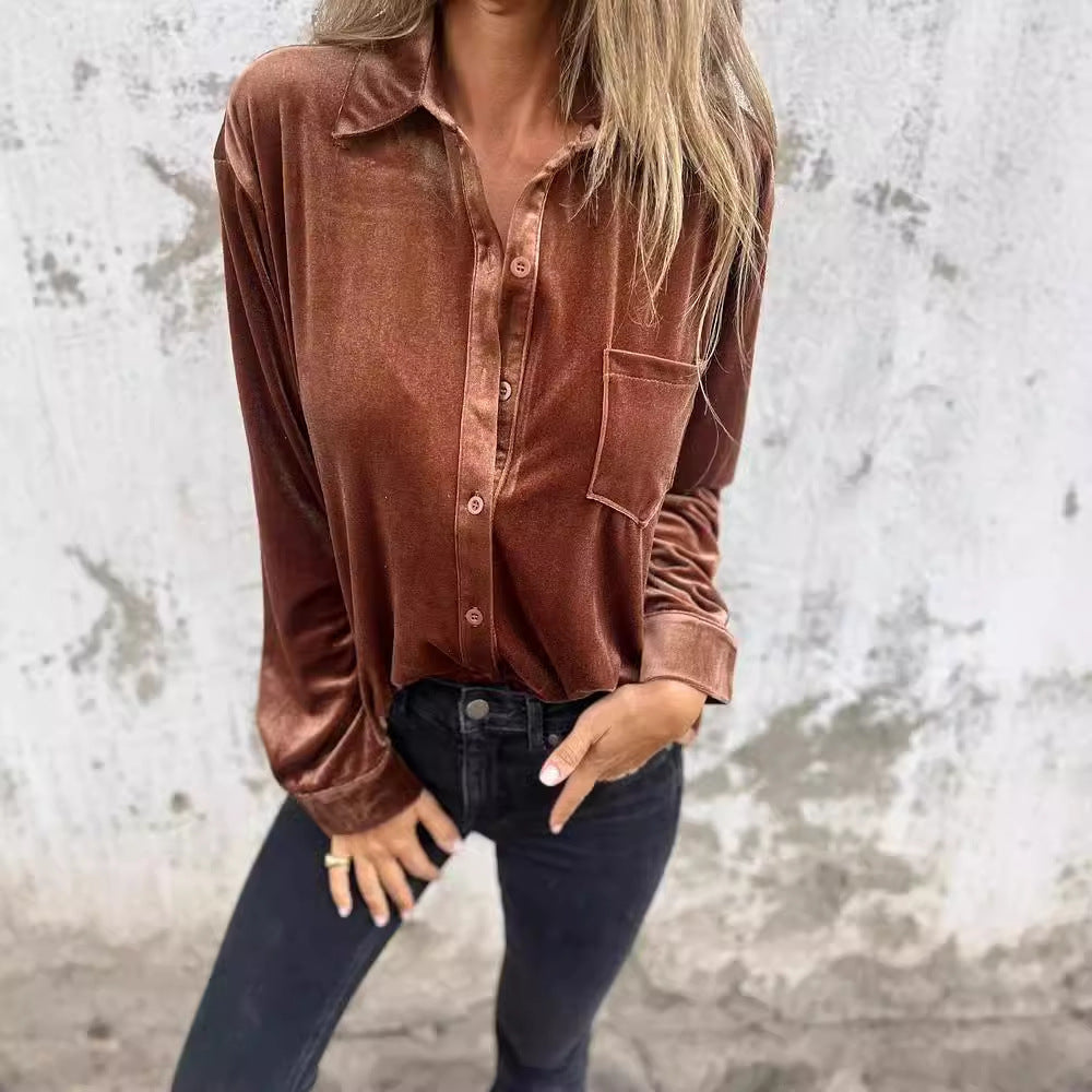 Damen Elegante Samtbluse mit klassischem Hemdkragen und langen Ärmeln Drune