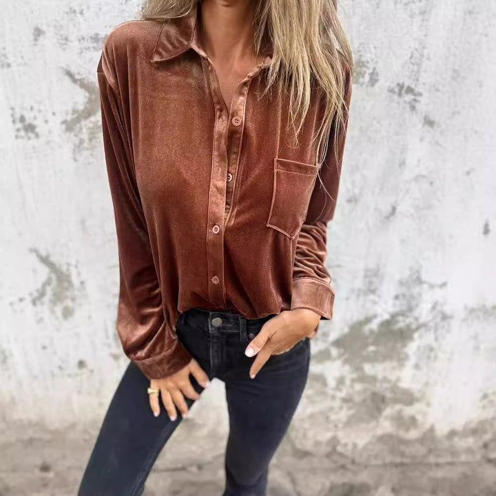 Damen Elegante Samtbluse mit klassischem Hemdkragen und langen Ärmeln Drune