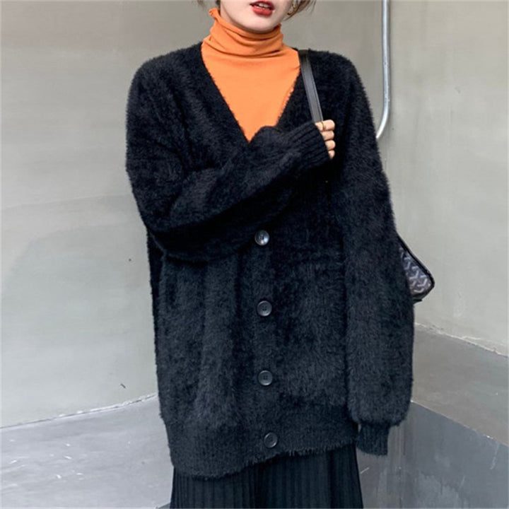 Damen Flauschiger Strickcardigan mit V-Ausschnitt und praktischen Knöpfen Drune