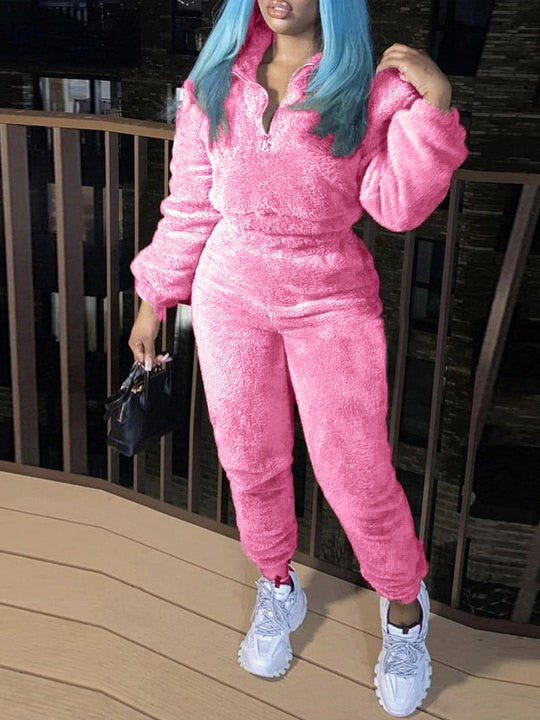 Damen nan kuscheliges Teddy-Fleece Zweiteiler mit Halbreißverschluss und High-Waist Jogginghose Drune