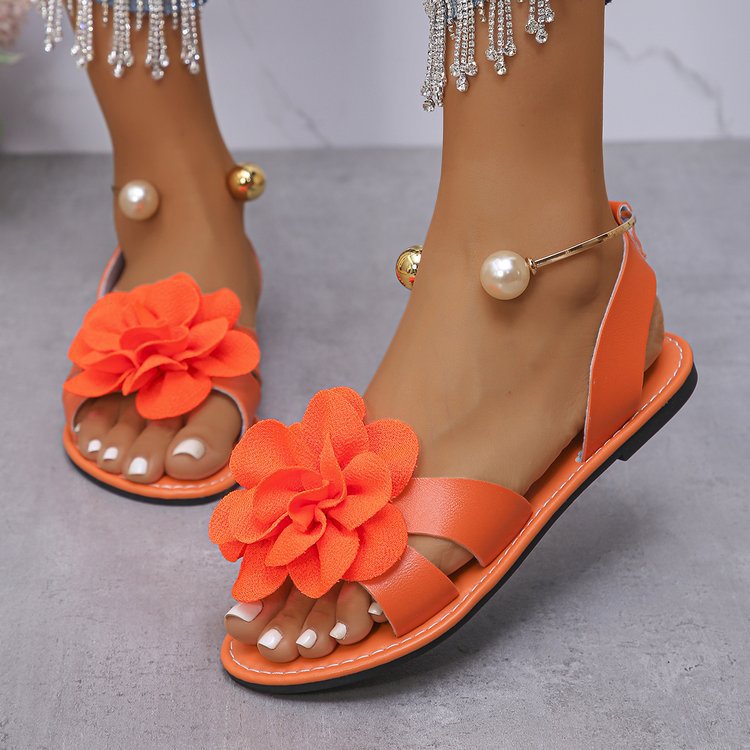 Damen Blumensandalen mit großer 3D-Blütenapplikation und Slingback Drune
