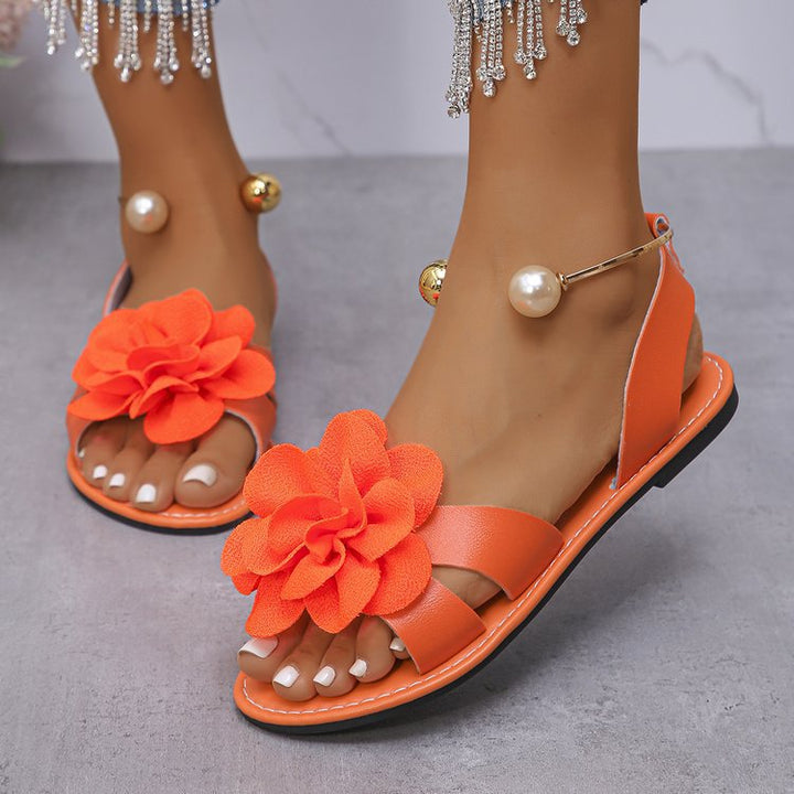 Damen Blumensandalen mit großer 3D-Blütenapplikation und Slingback Drune