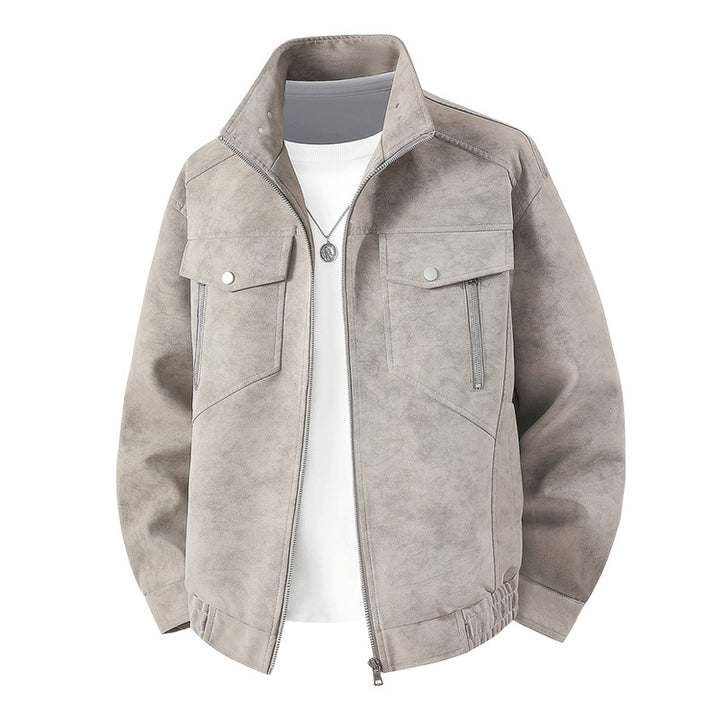 Herren  Faux-Suede Strukturierte Stehkragen-Zip-Jacke mit schrägen Brusttaschen Drune