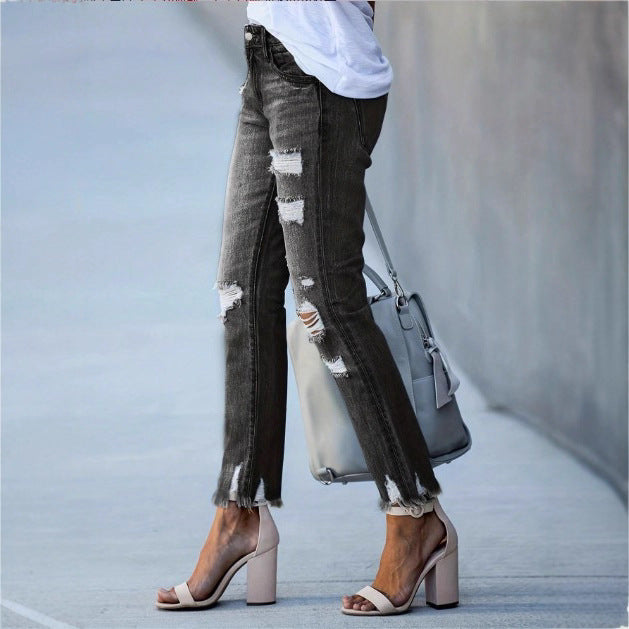 Damen Cropped Destroyed-Jeans mit hohem Bund, geradem Bein & rohem Fransen-Saum Drune