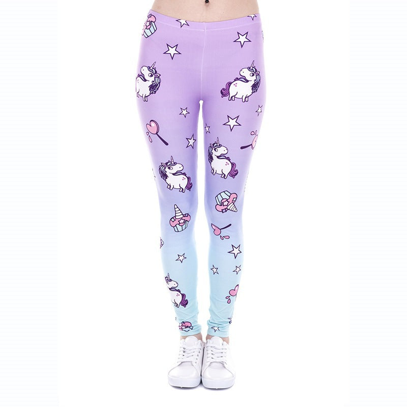 Damen Leggings mit Einhorn-Print, Verlaufsmuster und hohem Komfortbund Drune