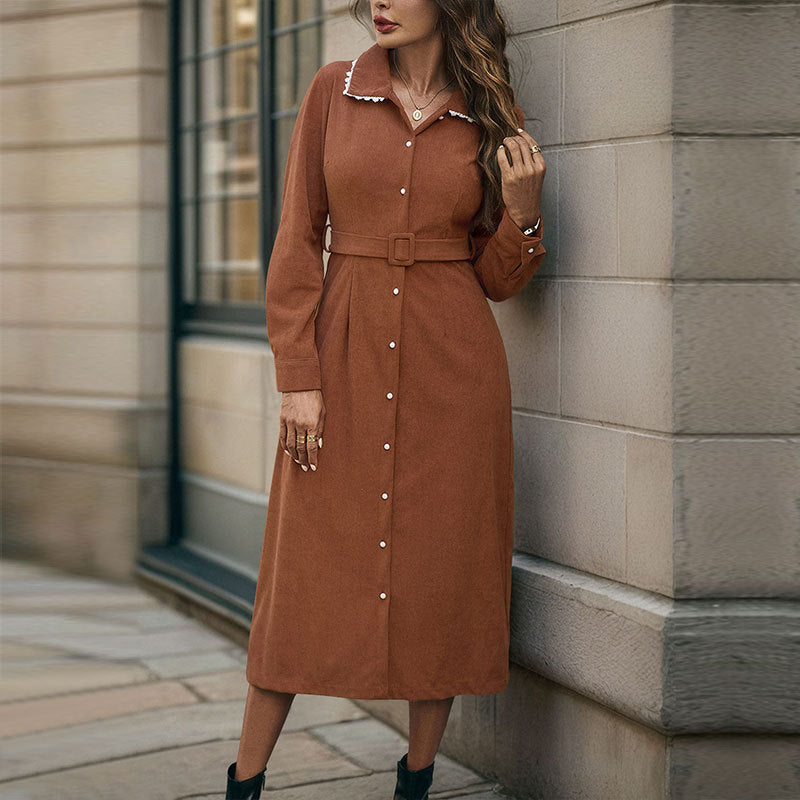 Damen Hemdblusenkleid mit Gürtel und Rüschen Drune