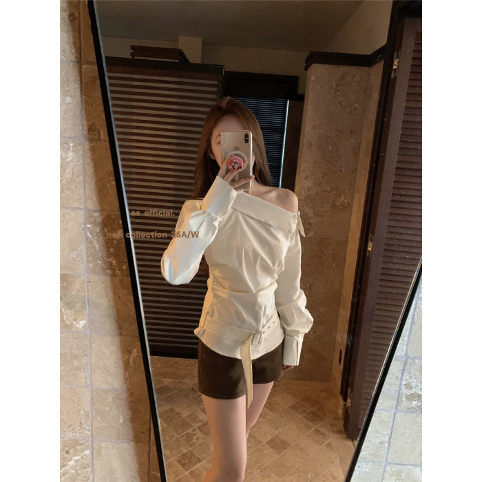 Damen elegantes Off-Shoulder Oberteil mit dekorativem Gürtel Drune
