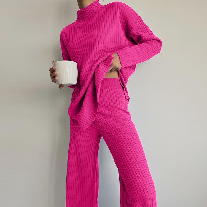 Damen Strick-Loungewear-Set mit hohem Kragen und weitem Bein Drune