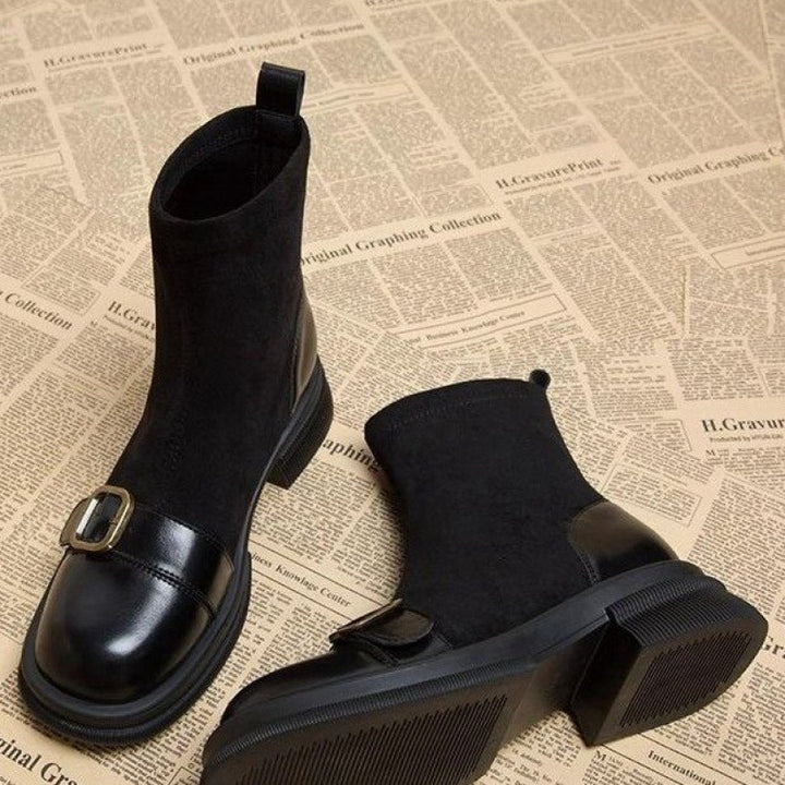 Damen Elegante Chelsea-Stiefeletten mit Blockabsatz und Schnallen-Detail Drune