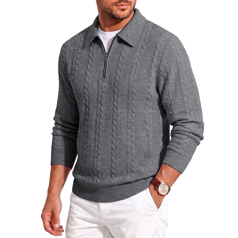 Herren Polokragen-Strickpullover mit Zopfstruktur und Halbzip Drune