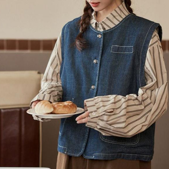 Damen Denim-Weste mit Knopfverschluss und Taschen Drune