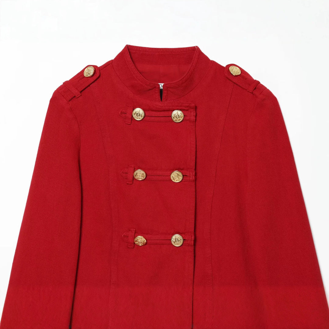 Damen Kurze Militärblazer-Jacke mit Stehkragen und goldenen Zierknöpfen Drune