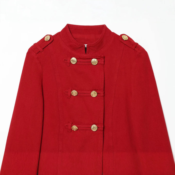 Damen Kurze Militärblazer-Jacke mit Stehkragen und goldenen Zierknöpfen Drune