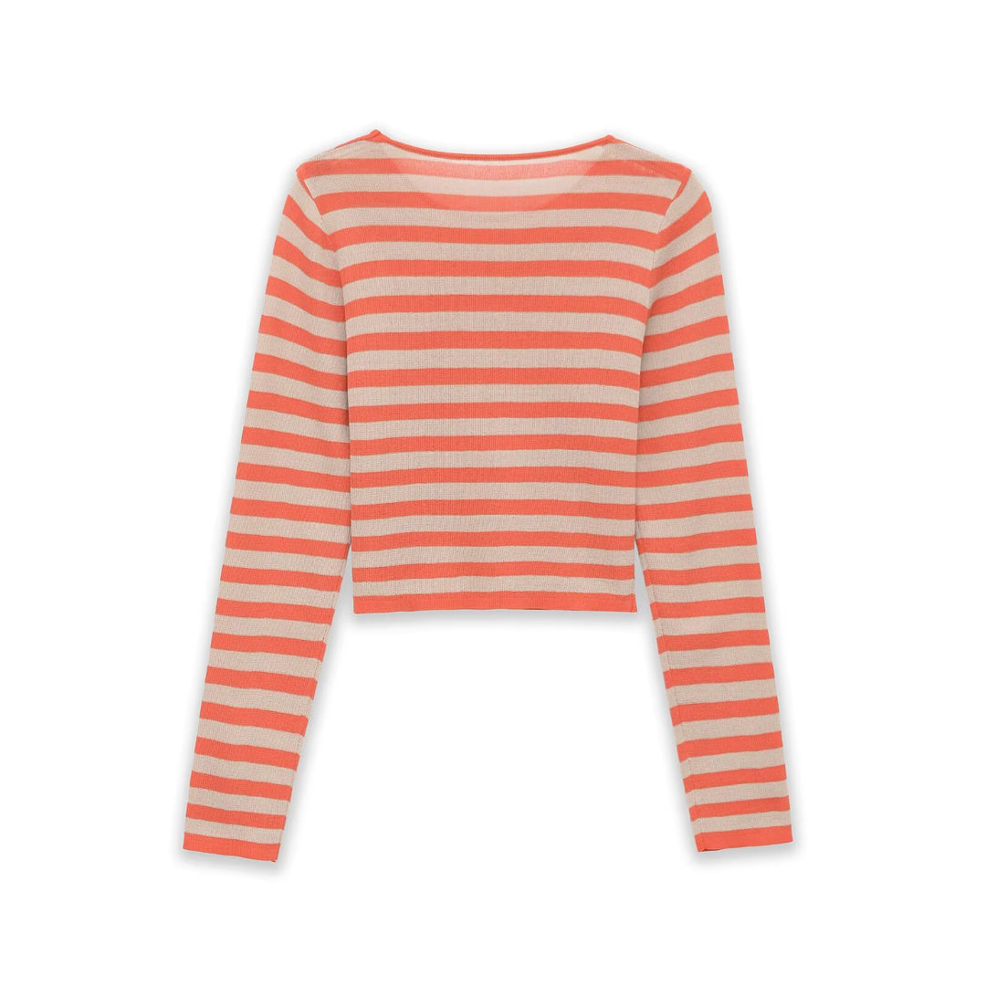 Damen Gestreifter Cropped Feinstrickpullover mit Rundhalsausschnitt Drune