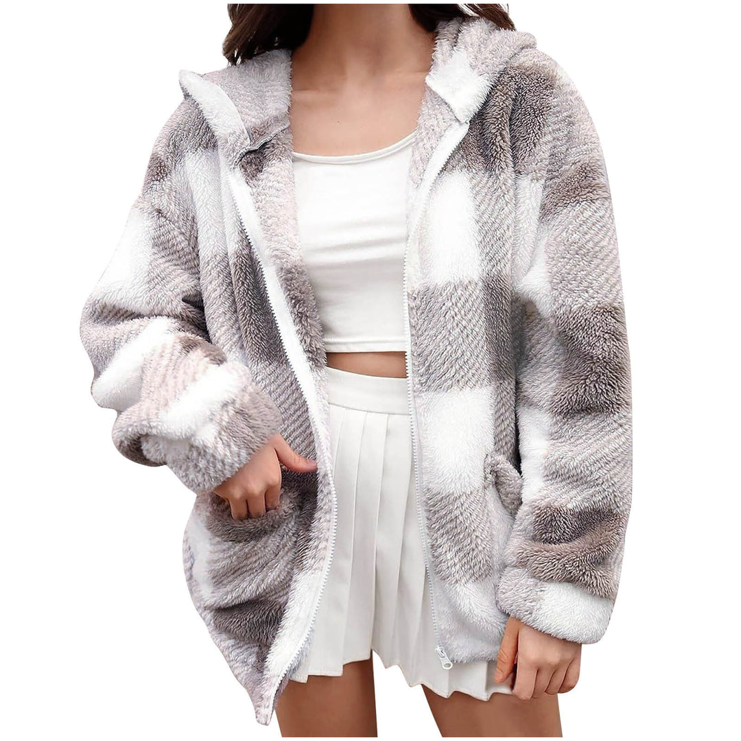 Damen nan dicke Karo-Teddyjacke mit Kapuze, Frontreißverschluss und aufgesetzten Taschen Drune
