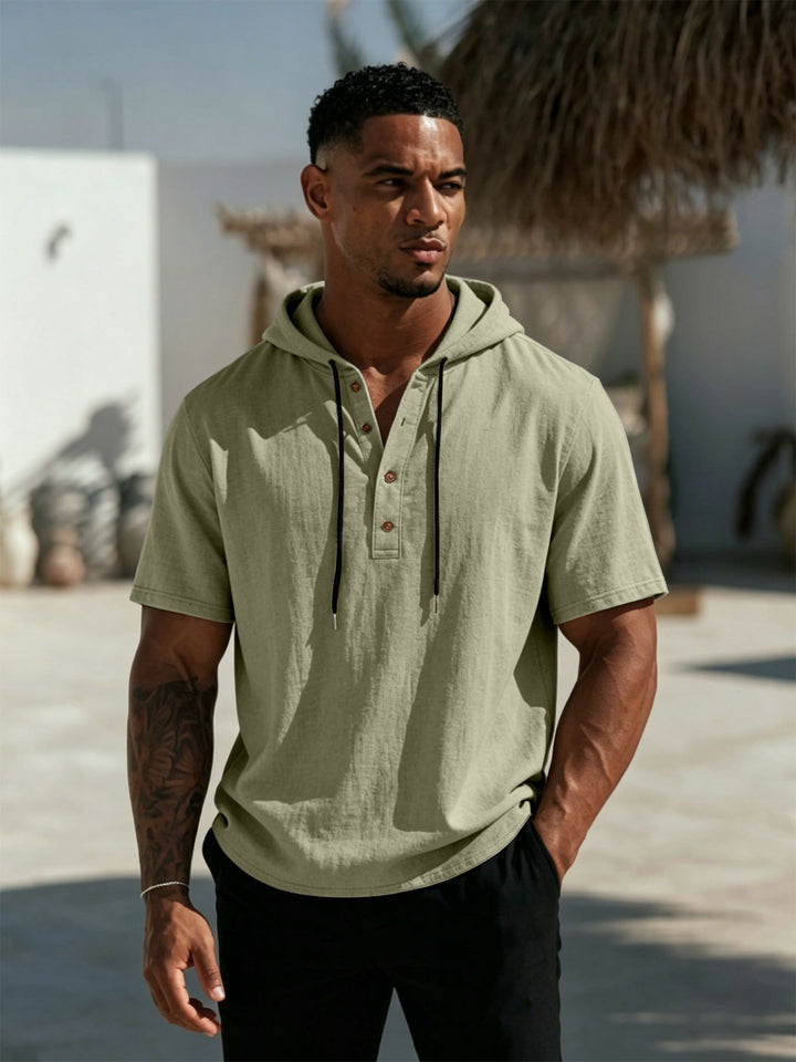 Herren Kurzarm-Hoodie-Henley aus Leinenoptik mit Knopfleiste Drune