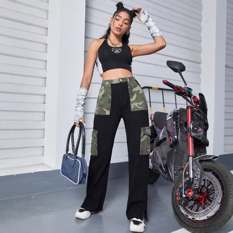 Damen High-Waist Utility-Jeans mit Camouflage-Paneelen und aufgesetzten Cargotaschen Drune