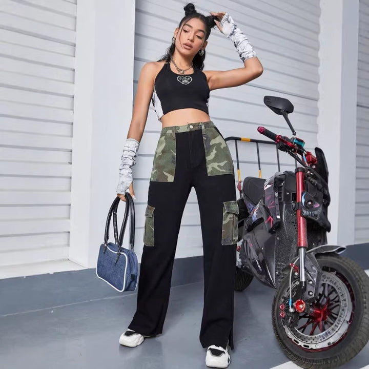 Damen High-Waist Utility-Jeans mit Camouflage-Paneelen und aufgesetzten Cargotaschen Drune