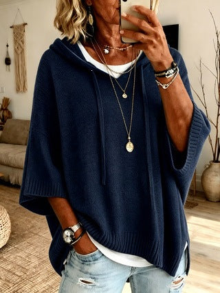Damen nan Oversize Strickponcho mit Kapuze und kurzen Ärmeln Drune