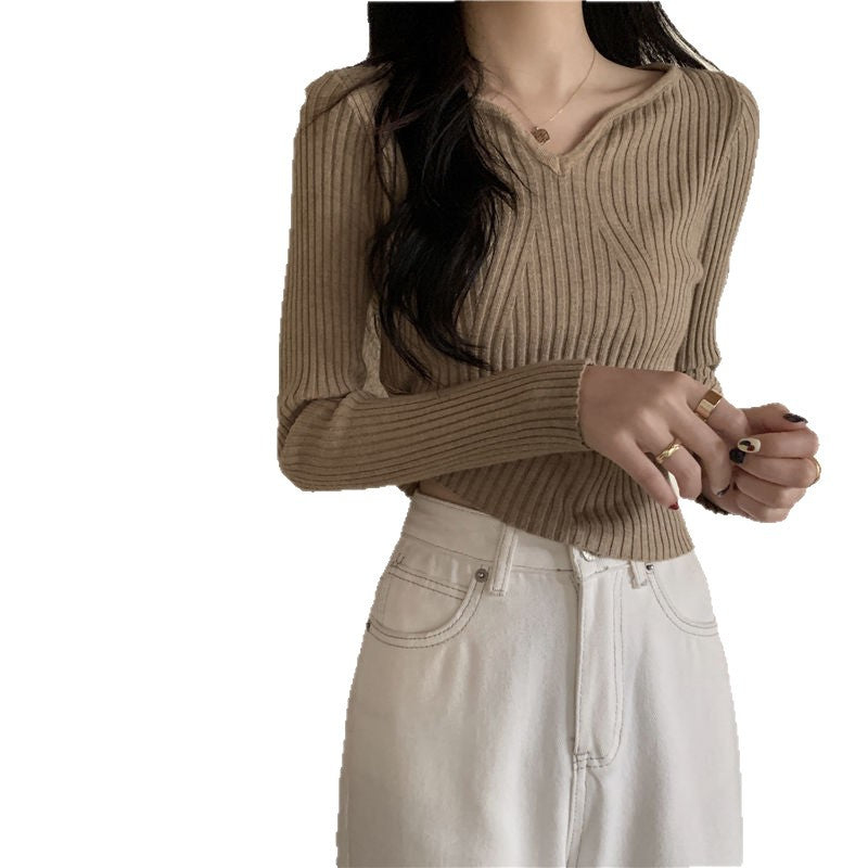 Damen V-förmiger Feinstrickpullover mit Rippstruktur Drune