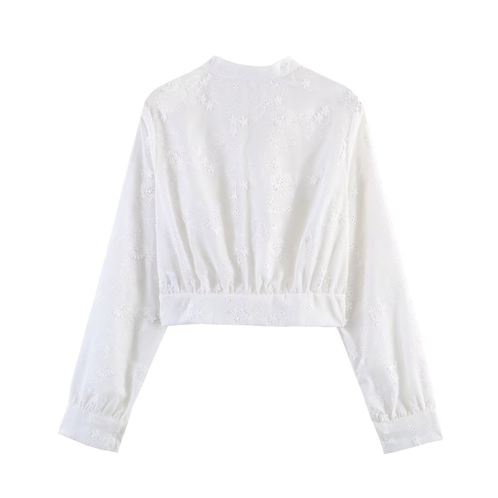 Damen Bestickte Cropped-Bluse mit Stehkragen, Lochstickerei und tailliertem Bund Drune