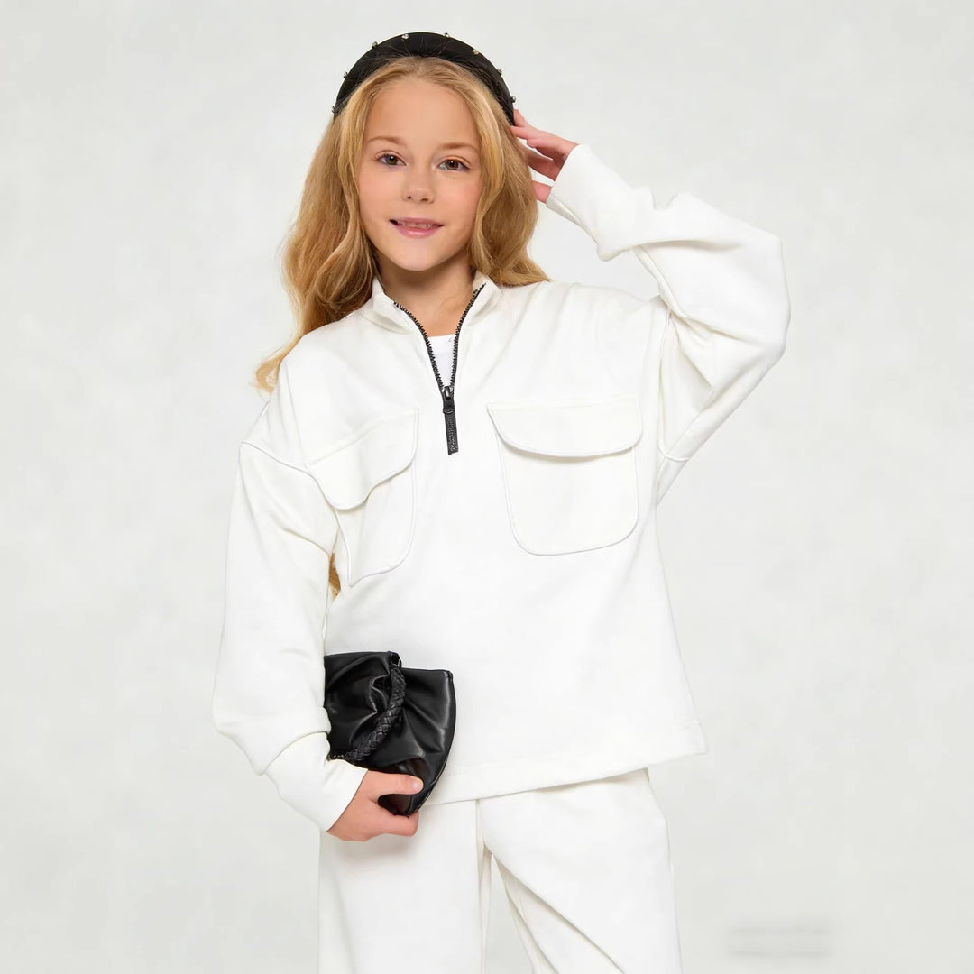 Damen sportlicher Sweatpullover mit halbem Reißverschluss und praktischen Taschen