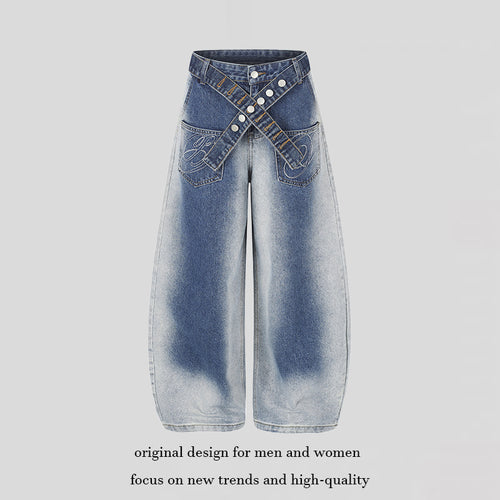 Damen Extraweite High‑Waist Palazzo-Jeans mit gekreuztem Zierbund und bestickten Taschen Drune