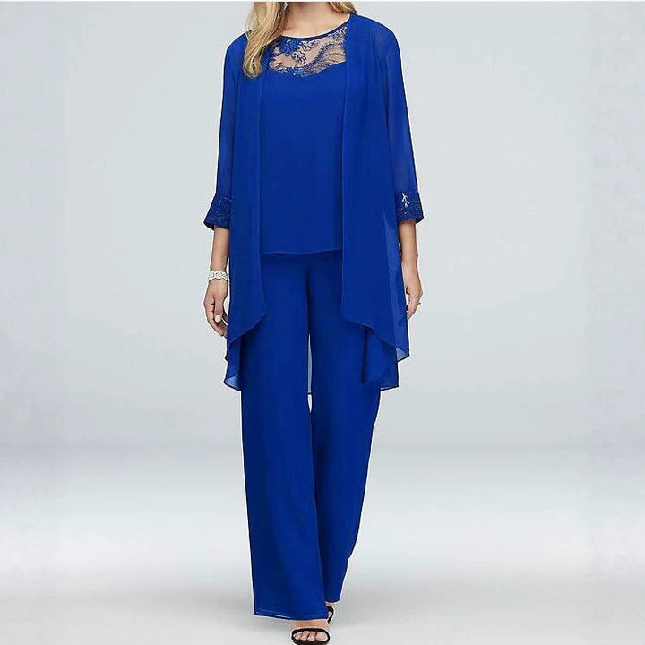 Damen nan fließendes Chiffon-Abendensemble mit Spitzenbesatz, Kimono-Cardigan und weiter Palazzohose Drune