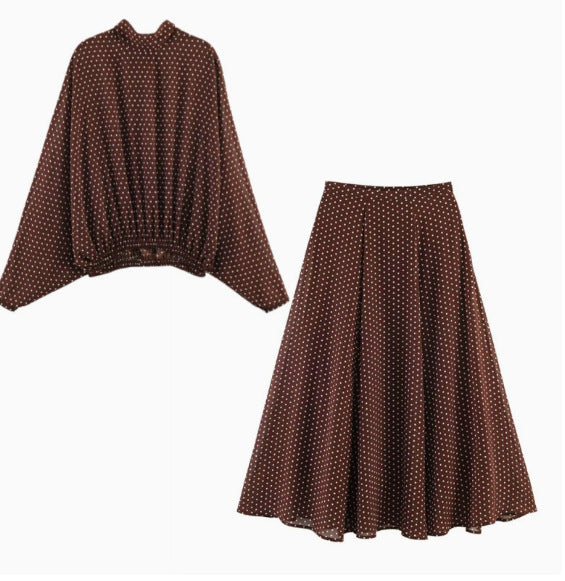 Damen 100+ oversized Pünktchenbluse mit Fledermausärmeln, Stehkragen und elastischem Saum Drune