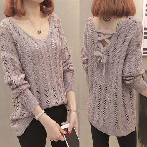 Damen Strickpullover mit Off-Shoulder-Design und Rückenschnürung Drune